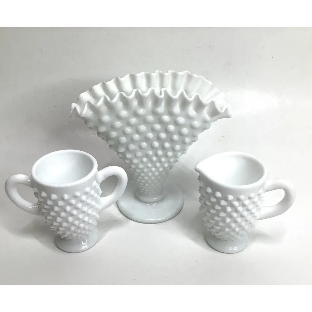 3 Hobnail Fenton Ruffled White‎ Milk Glass Creamer Sugar Cup Fan Vase Fenton?